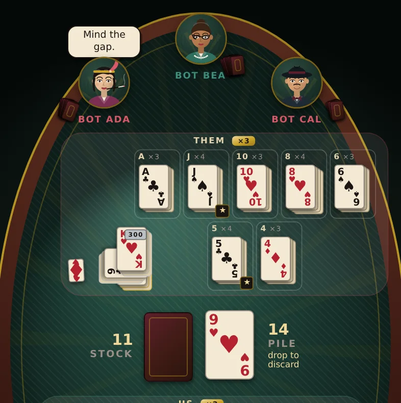 A Canasta Club table on green baize with three vintage-portrait bot opponents