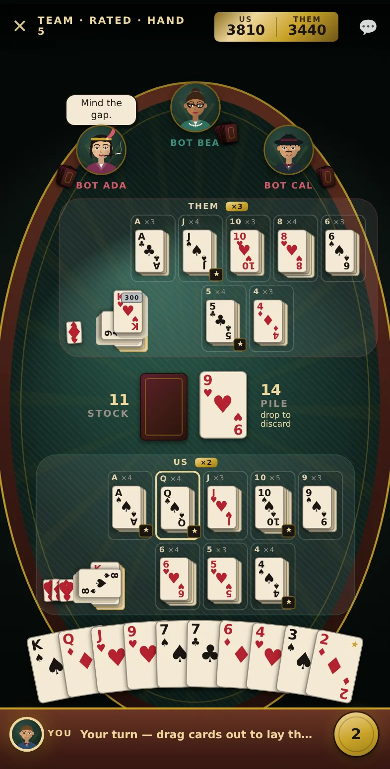 A full Canasta Club hand in progress: melds for both teams, the discard pile and your hand