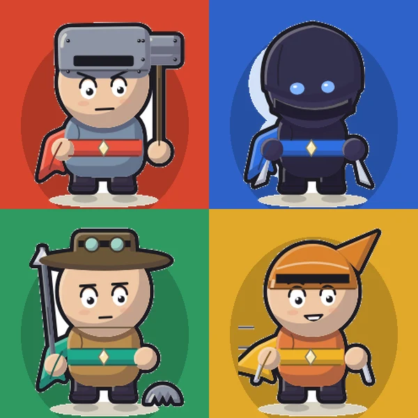 Four Four Color War fighters, one on each team color — red, blue, green and yellow