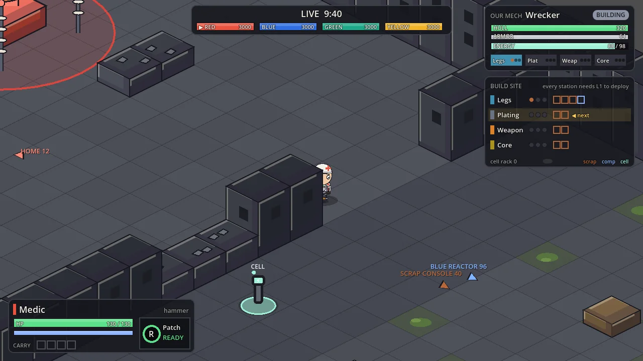 A Four Color War match: a medic beside a reactor, with the team scoreboard and mech build site on screen